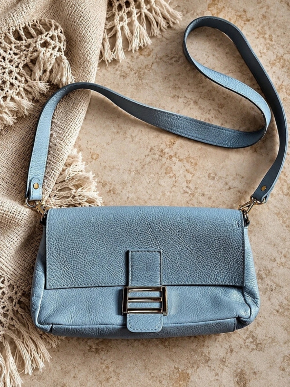 Divina Firenze Italian Leather Crossbody Bag Blue Gold Hardware Made Italy